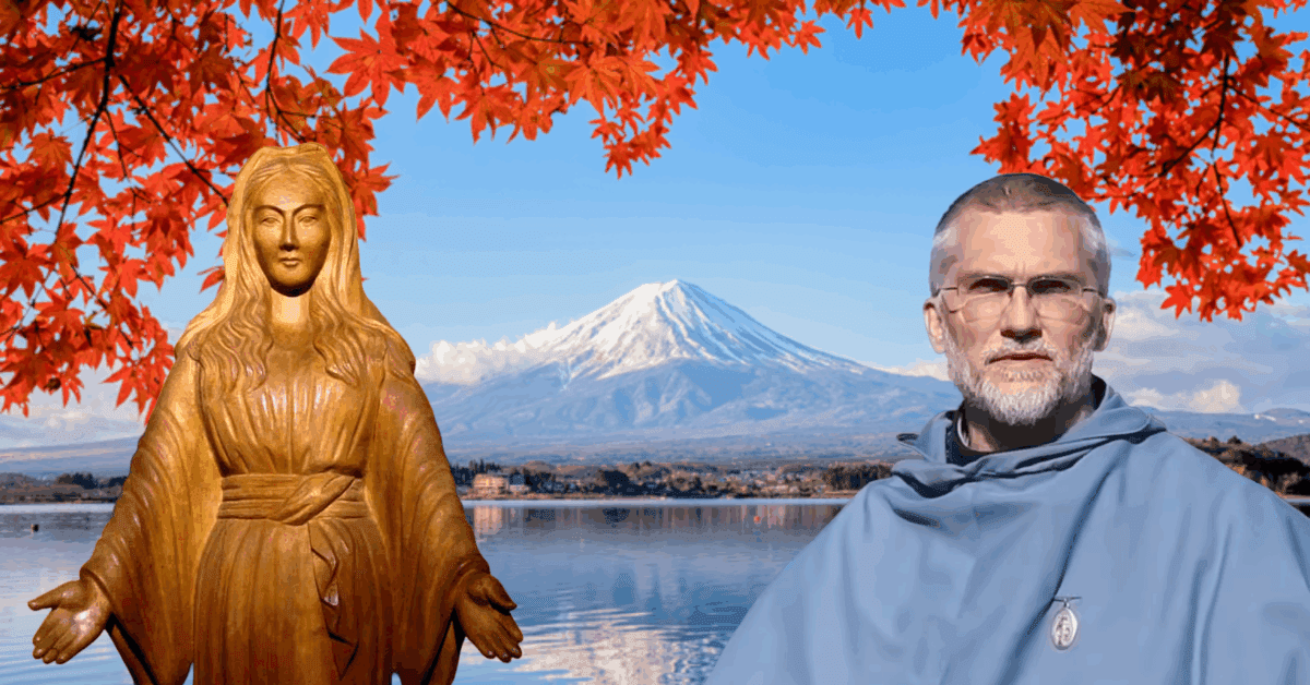 Catholic Pilgrimage to Japan with Fr. Elias Mills, background of Mt. Fuji and Our Lady of Akita