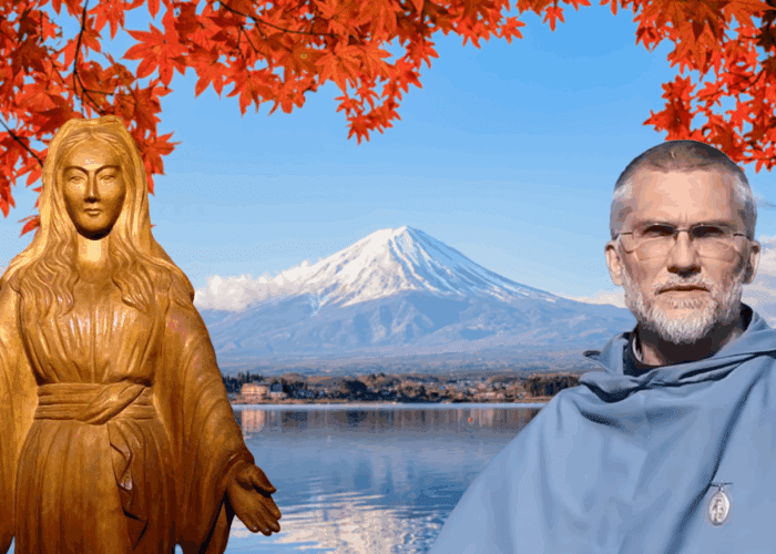 Catholic Pilgrimage to Japan with Fr. Elias Mills, background of Mt. Fuji and Our Lady of Akita