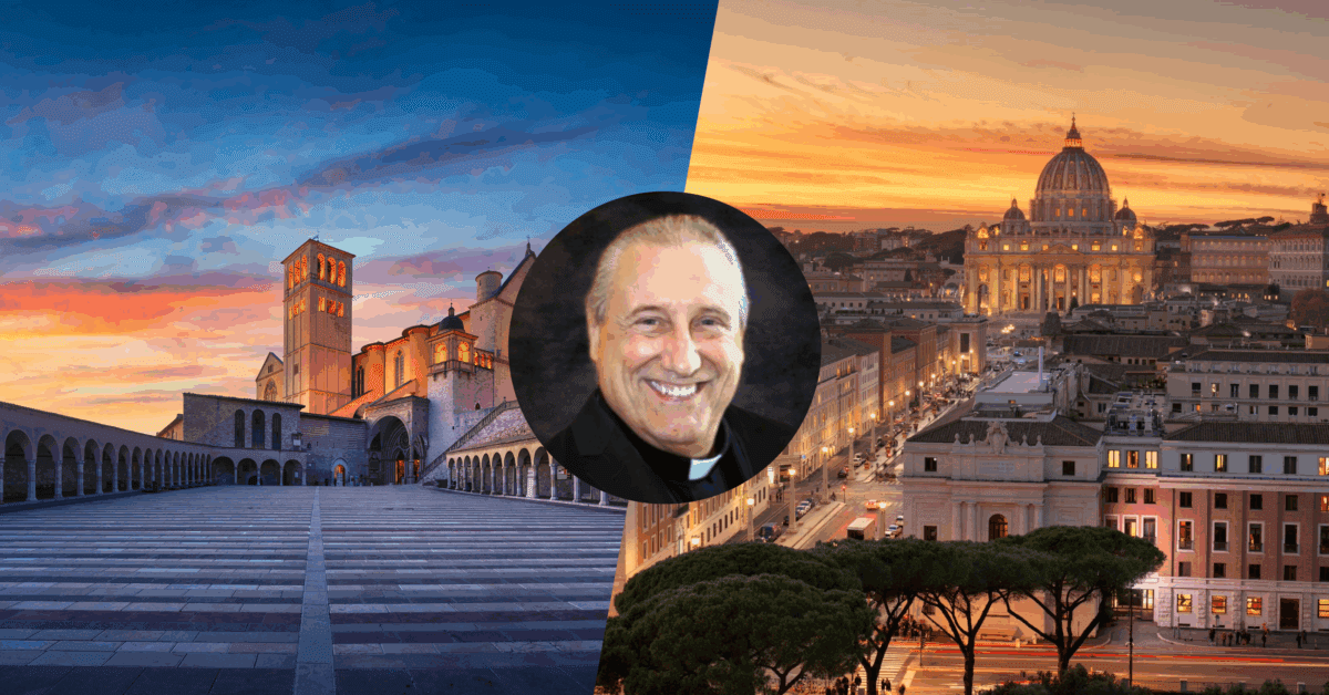 Promo heading photo for pilgrimage to Italy in the footsteps of St. Francis with Fr. Mark Wajda 2026. Background photos of St. Francis Basilica and St. Peters Basilica
