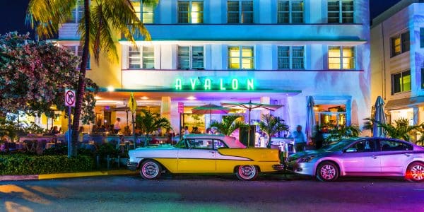 MIAMI BEACH - July 28, 2013: Night view at Ocean drive in Miami Beach, Florida, USA. Art Deco Night-Life in South Beach at Ocean Drive
 is one of the main tourist attractions in Miami.